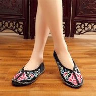 sandal perempuan women sandal kasut perempuan Women's Ethnic Style Embroidered Cloth Shoes - Flat, A
