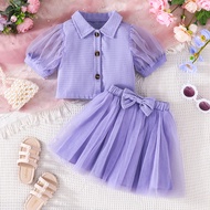 2Pcs Set Baju Budak Perempuan 4-7 Tahun Baby Girl Casual Fashion Purple Lace Sleeve Button blouse Tulle Skirt Summer Outfit Toddler Kids Clothing Suit Baju Kanak Kanak Perempuan