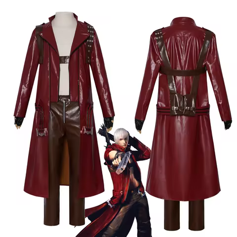 Game DMC 3 Dante Cosplay Costume Devil May Cry Red PU Leather Long Jacket Outfit Full Set for Men Ha