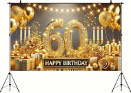 Happy 60th Birthday Party Banner Backdrop Black Gold 60th Birthday Backdrop for Photography Gold Dia