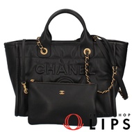 二手香奈兒 Deauville 小號手提包 AS3257 黑色羊皮。