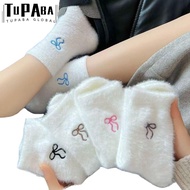 TUPABA Plush Socks, Cozy Thickened Mink Velvet Socks, Cozy Wear Sweet Bow White Color Hairy Fluffy S