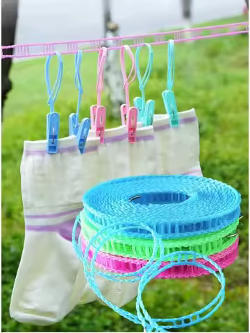 1 Piece of Windproof Nylon Clothesline + 10 Clothes Hangers, Portable Laundry Line, Travel Clothesli