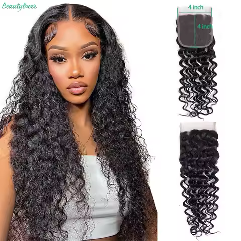Deep Wave Closure Human Hair 4x4 Transparent Lace Closure Pre Pluck Baby Hair Brazilian Hair 3-5 Wor