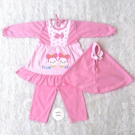 Setelan Hijab Bayi Perempuan Usia 3-15 Bulan Motif Karakter Lucu / Set Baju Gamis Celana dan Kerudun