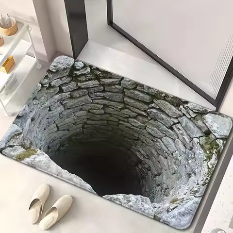 Stone Built Water Well 3D Visual Flat Pattern Design Floor Mat for Household Bathroom Door, Absorben