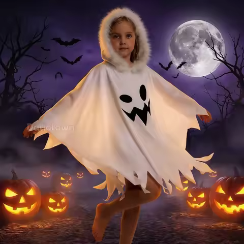 White Ghost Cosplay Cape With Hood Cloak For Girls Boys Kids Halloween Trick or Treat Carnival Party