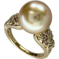 Size 12, White Butterfly Golden Pearl 10.6mm, Diamond 0.38ct, 18K Gold, 6.4g, Women's Ring