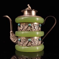 古董綠玉石茶壺古玩雜項收藏 珍藏純手工打造鑲嵌綠松石酒壺茶壺水壺裝飾品擺件