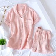 Hai Lớp Muslin Cotton Giặt Vải Quần Short Tay Ngắn Bộ Đồ Ngủ Cho Phụ Nữ Có Ve Áo Nhỏ Phần Mỏng