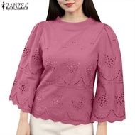 ZANZEA Women's Casual O Neck 3/4 Sleeve Splicing Lace Hollow Loose Blouse