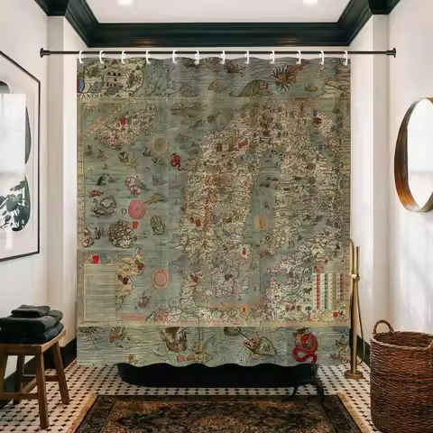 Large Vintage World Map Shower Curtain Antique Nautical Print Bathroom Decor Academia Style Liner fo