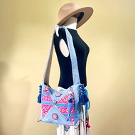 Denim Bag Decorated With A Hmong Shirt With Strap