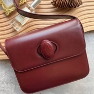 中古Cartier酒紅旋鈕扣斜背包
