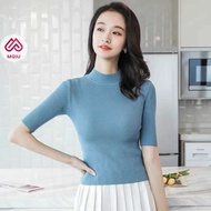 MQIU - Turtleneck Inner Rajut Knit Wanita Lengan Pendek Korean Style Rib Knit