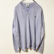 古著LACOSTE長袖 V 領針織毛衣，帶單點徽標刺繡，超大號，XXL 碼