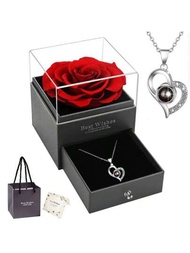 1入浪漫愛心石頸鍊，搭配玫瑰花禮盒與保鮮花，一個單獨的頸鍊盒子，以100種語言的「我愛你」投影，抽屜型禮盒。適合作為假期送禮給女性或母親節禮物。