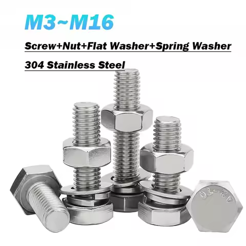 4 In1 Set 304 Stainless Steel M3 M4 M5 M6 M8 M10 M12 M14 M16 Hexagon Screw Nut Flat Washer Spring Wa