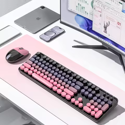 MOFii Black Pink Cat Ear Dual-Mode Wireless Combo, Retro Round Keycaps Rechargeable Ergonomic Set fo