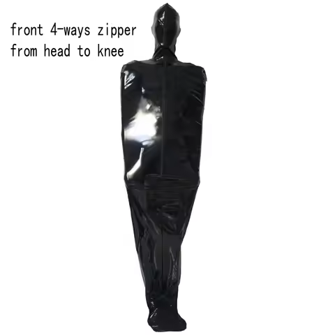 Pvc faux leather black mummy bodysuit Spandex Sleeping Bag Zentai Catsuits with inner sleeves cospla