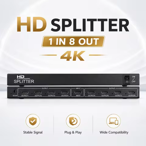 8 Port HD Splitter Box 4Kx2K 3D Repeater Amplifier 1 Source to 8 Display Screens For PS4 Laptop Moni