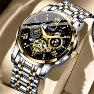 [Gift][With Box]100% Original Luxury Hollow Stainless Steel Gold Fashion Business Men's Watch Lumino