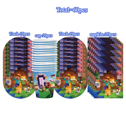Minecraft Pixel Game Themed Disposable Tableware Kit Include Banner Plate Cup Napkin Table Kids Birt