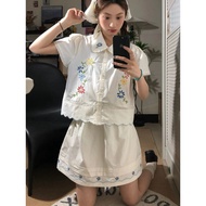 2025法式复古甜美碎花立体蕾丝刺绣娃娃衬衫A字显半身裙套装夏季