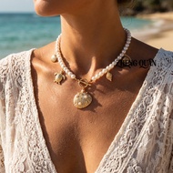 Mermaidcore Pearl Necklace Studded Shell Sea Turtle Charms Toggle Clasp