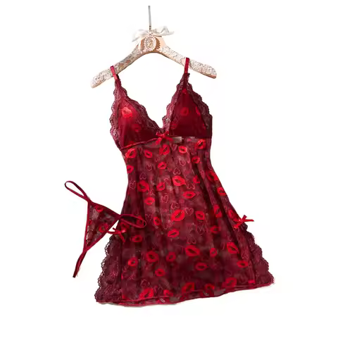 Elegant Floral Lace Chemise Dress Women Romantic Valentine Gift Thong Underwear Sleeveless Nightdres