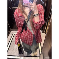 Textured High-End American Retro Red Checked Shirt Women Spring Lazy Loose Sunscreen Long-Sleeved Ja