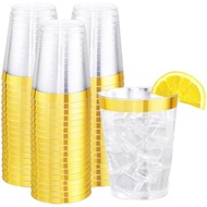 I00000 200 Pack Gold Plastic Cups, 9 Oz Elegant Clear Plastic Cups Gold Rimmed Disposable Wine Glass