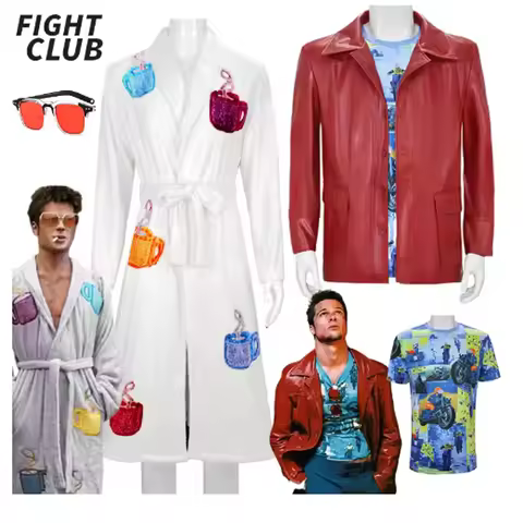 Fight Club Tyler Adults Jacket Cosplay Costume Movie Durden Leather Coat with Shirt Glasses Hallowee