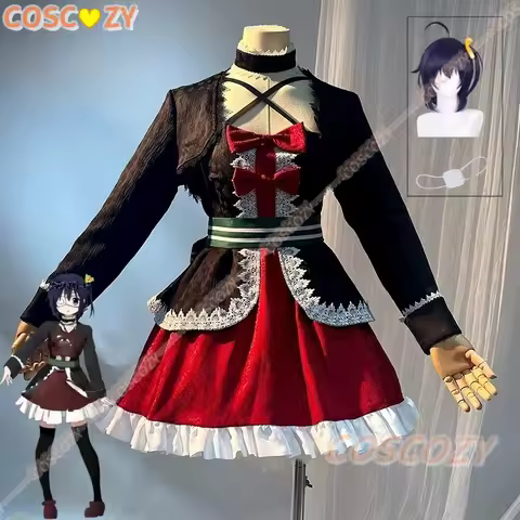 Anime Love, Chunibyo & Other Delusions Takanashi Rikka Cosplay Costume Wig Deep Red Velvet Dress Wom