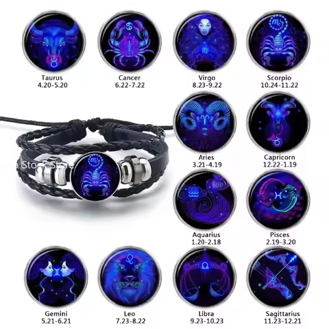 Gemini Leo Libra Scorpio Sagittarius 12 Constellation Luminous Bracelet Leather Bracelet Zodiac Char