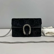 Gucci古馳 酒神mini黑色絲絨雙G鑽扣鏈條包 斜背包