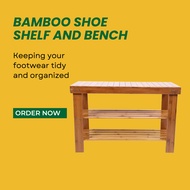 Double Tier Bamboo Wooden Shoe Rack with Bench Rak Kasut Kayu dengan Bangku