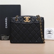 CHANEL 中古黑金羊貝嫂扣托特包黑色羊皮3開金扣肩背包