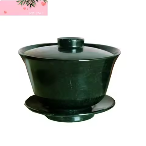 Chinese Traditional Teaset Green Jade Gaiwan Set Tibetan Medicine King Stone Magnetic Jade Cover Bow