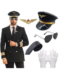 5入組航空公司飛行員船長帽子服裝配件套裝,飛行員化裝套裝,包括可調節船長帽,黃金胸針,太陽鏡,領帶,手套,適用於成人青少年化裝派對