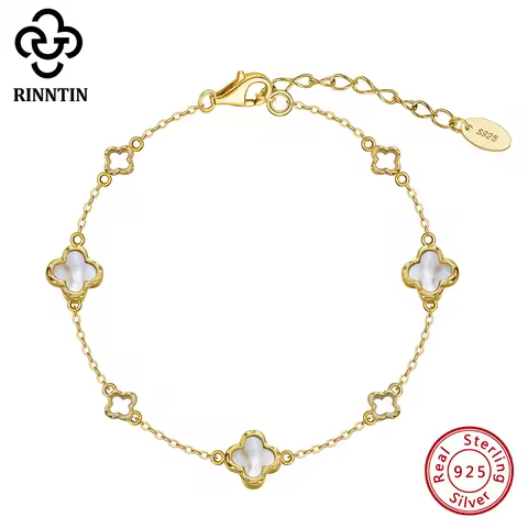 Rinntin New Design 925 Sterling Silver Lucky Four Leaf Clover Women's White Shell Bracelet Jewelry f
