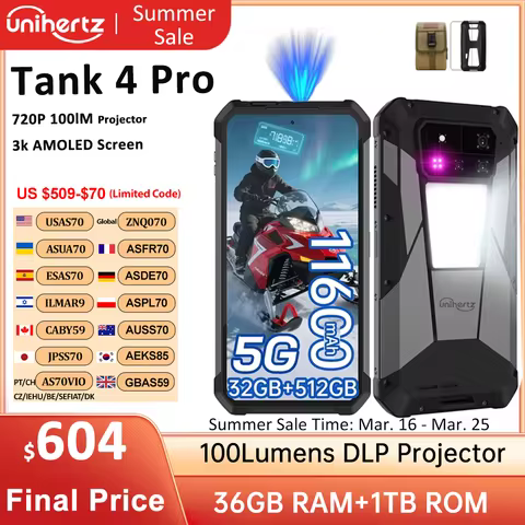 Unihertz Tank 4 pro 8849 Smartphone Android 14 with 720P Projector 5G AI Dimensity 8300 1TB ROM 3K A