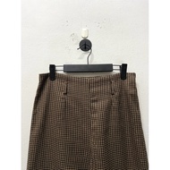 A939: S size slit-hem brown pants/ mid high waist gingham print pants