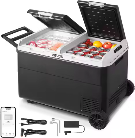 12V Portable Car Fridge, 95L Dual Zone Cooler with Wheels, -4°F to 68°F, DC 12/24V & AC 100-240V