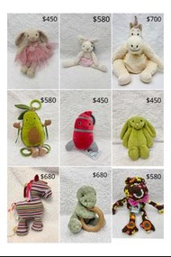 (退休款中古款現貨優惠) Jellycat 芭蕾舞長腿兔子、牛油果嬰兒玩具、火箭、彩色馬、中古猴子、恐龍掛環、大力獨角獸、抹茶綠兔子