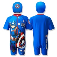 AVENGERS ชุดว่ายน้ำเด็กผู้ชายบอดี้สูท ลาย Captain America แถมหมวก และถุงว่ายน้ำ Marvel รุ่นเด็กโต 3-