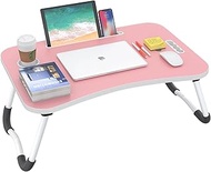 BUYIFY Folding Lap Desk, 23.6 Inch Portable Wood Pink Laptop Bed Desk Lap Desk with Cup Holder, for 
