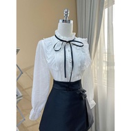 Women's long-sleeved shirt with ruffled shoulders and lace bow collar - A2941 Kymie