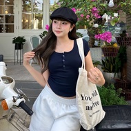 Áo thun tay ngắn dáng ôm cài nút Xanh Navy Tina Basic Top AUGETY