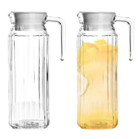 2Pack Plastic Pitcher with Lid 1.1L Water Jar with Ribbed Design BPA-Free Water Pitcher Clear Plasti